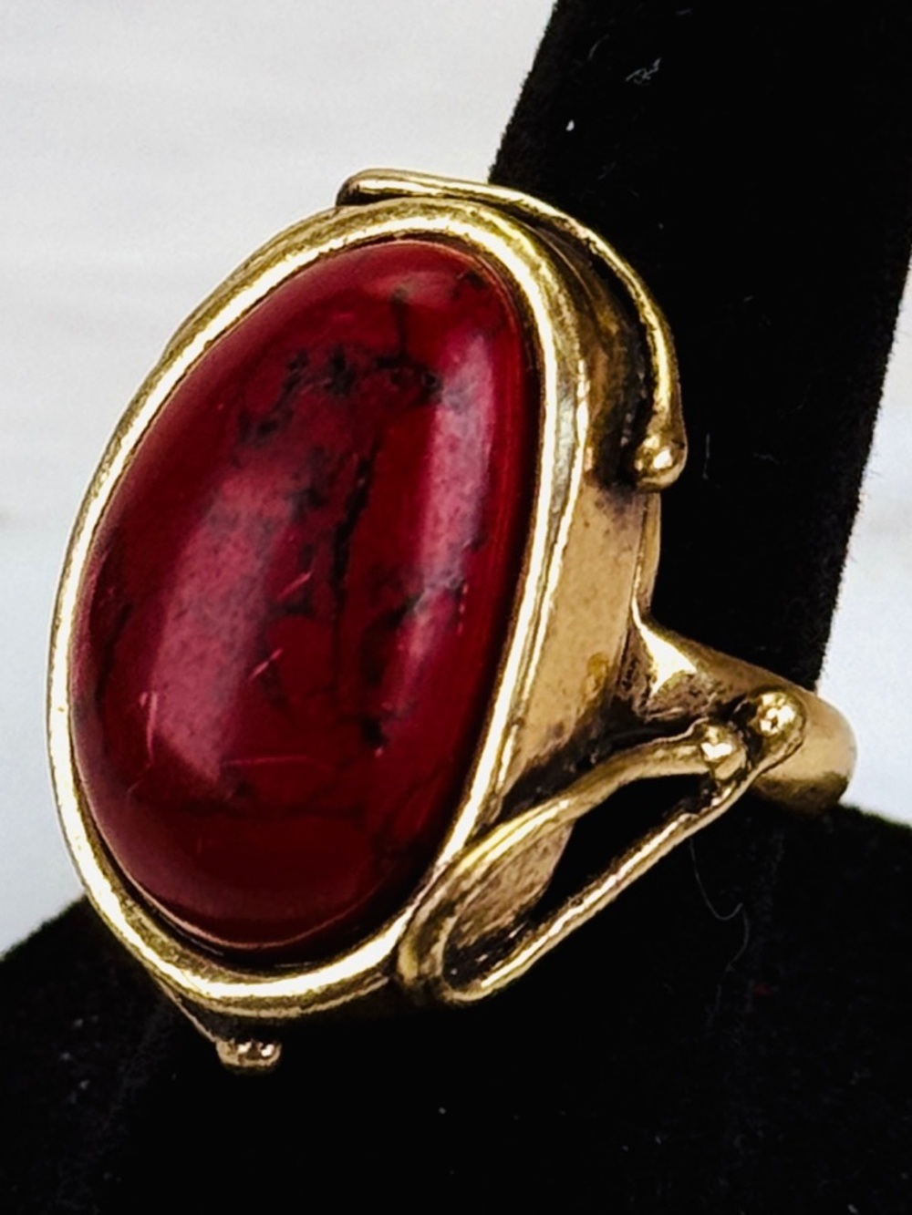 Vintage Red Cabochon Statement Ring Gold Tone Bold Artisan Style Oval Ring sz 6
